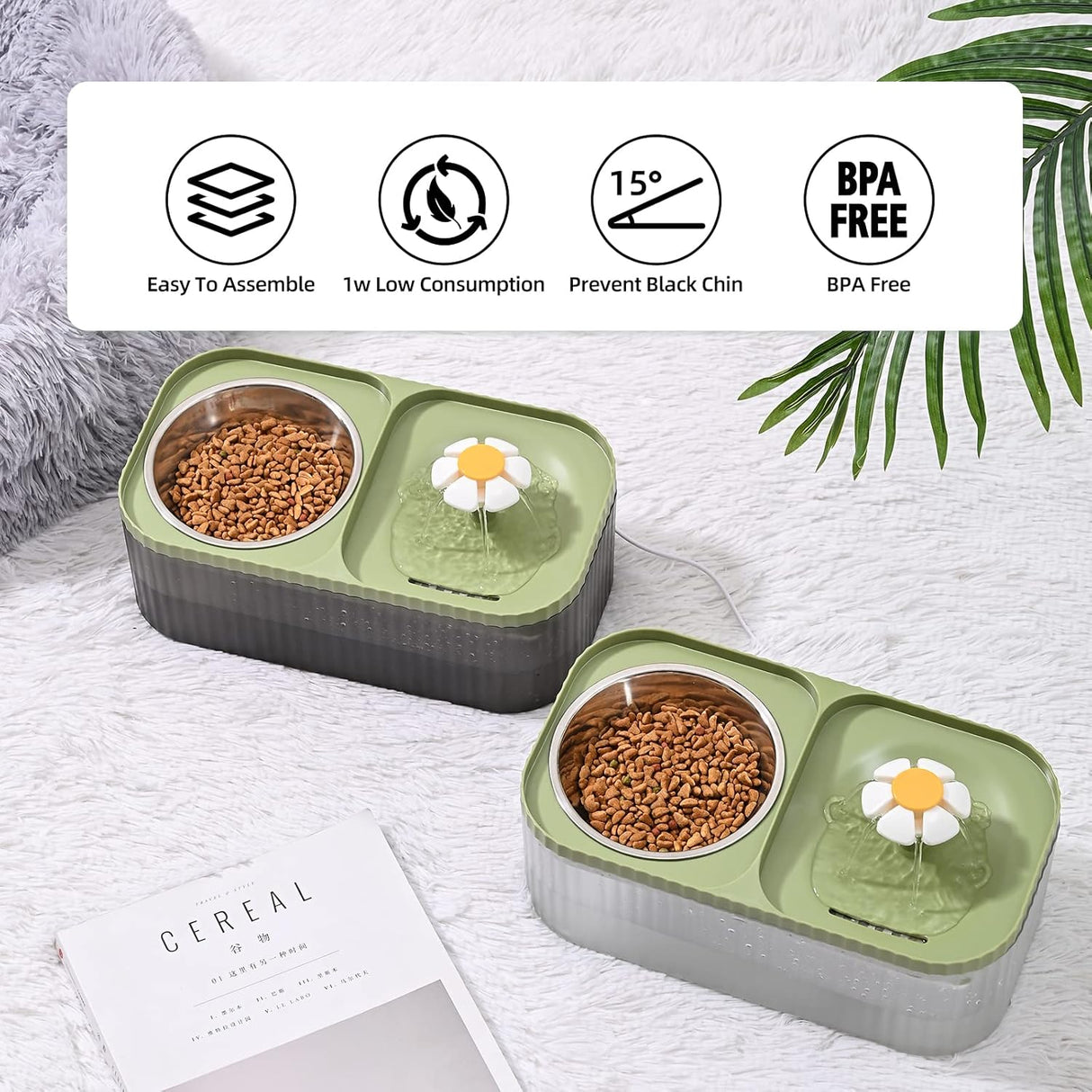 Fuente de agua para gatos y cuenco de alimentos verde