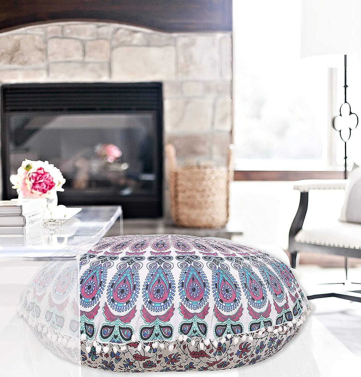 Funda bohemia para cojín, de 32 pulgadas, con diseño de mandala, para meditación, decorativa, otomana, grande, para exteriores, decoración del hogar, decoración de arte en el hogar, redonda, con pompones de algodón, cómoda