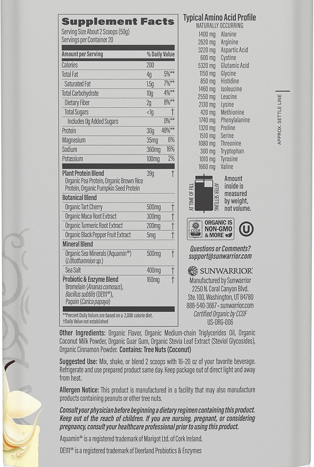 Proteína Vegana Sunwarrior Orgánica 20 Serv. Sabor Vainilla