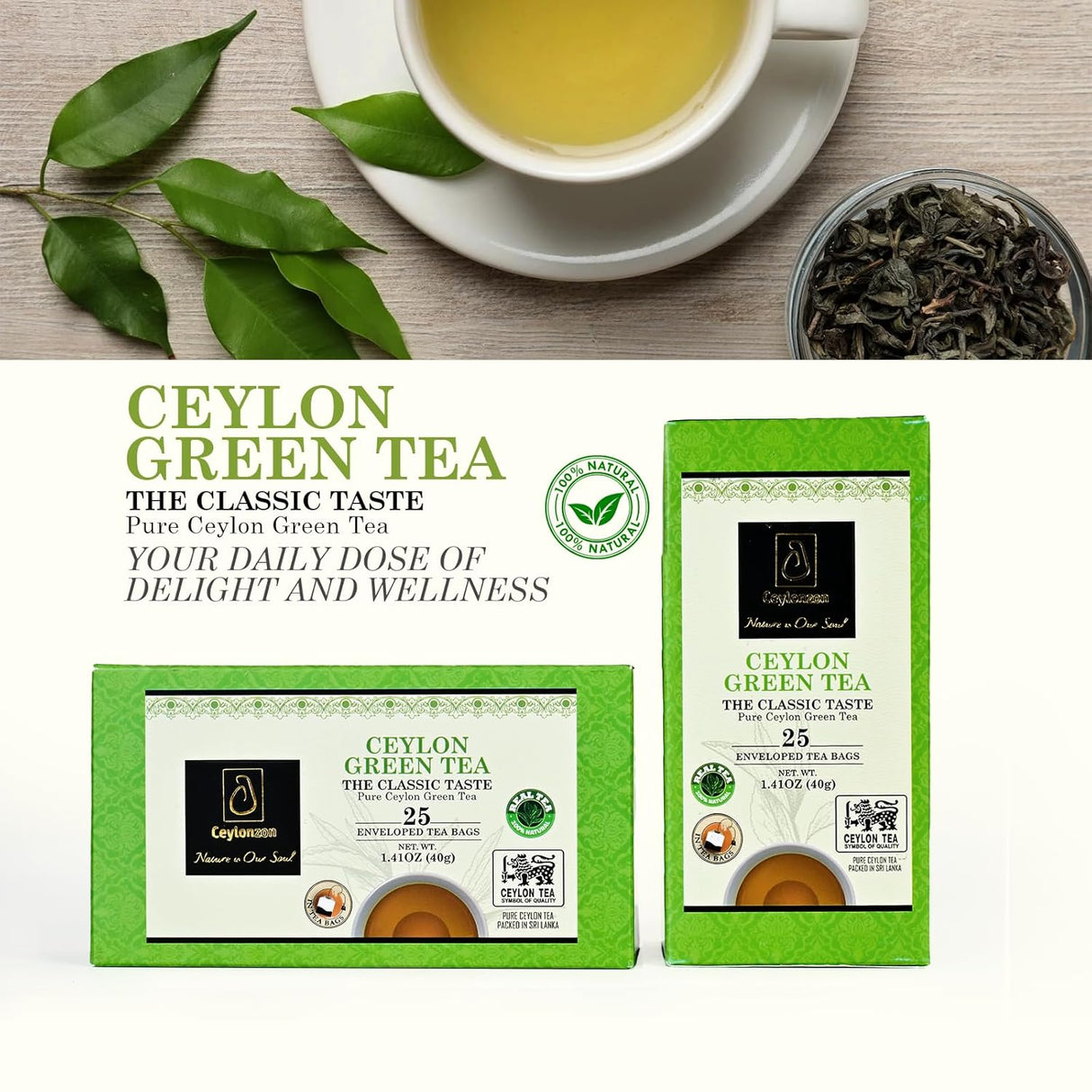 Ceylonzon Té Verde Premium 25 Bolsas, Sabor Natural 40g