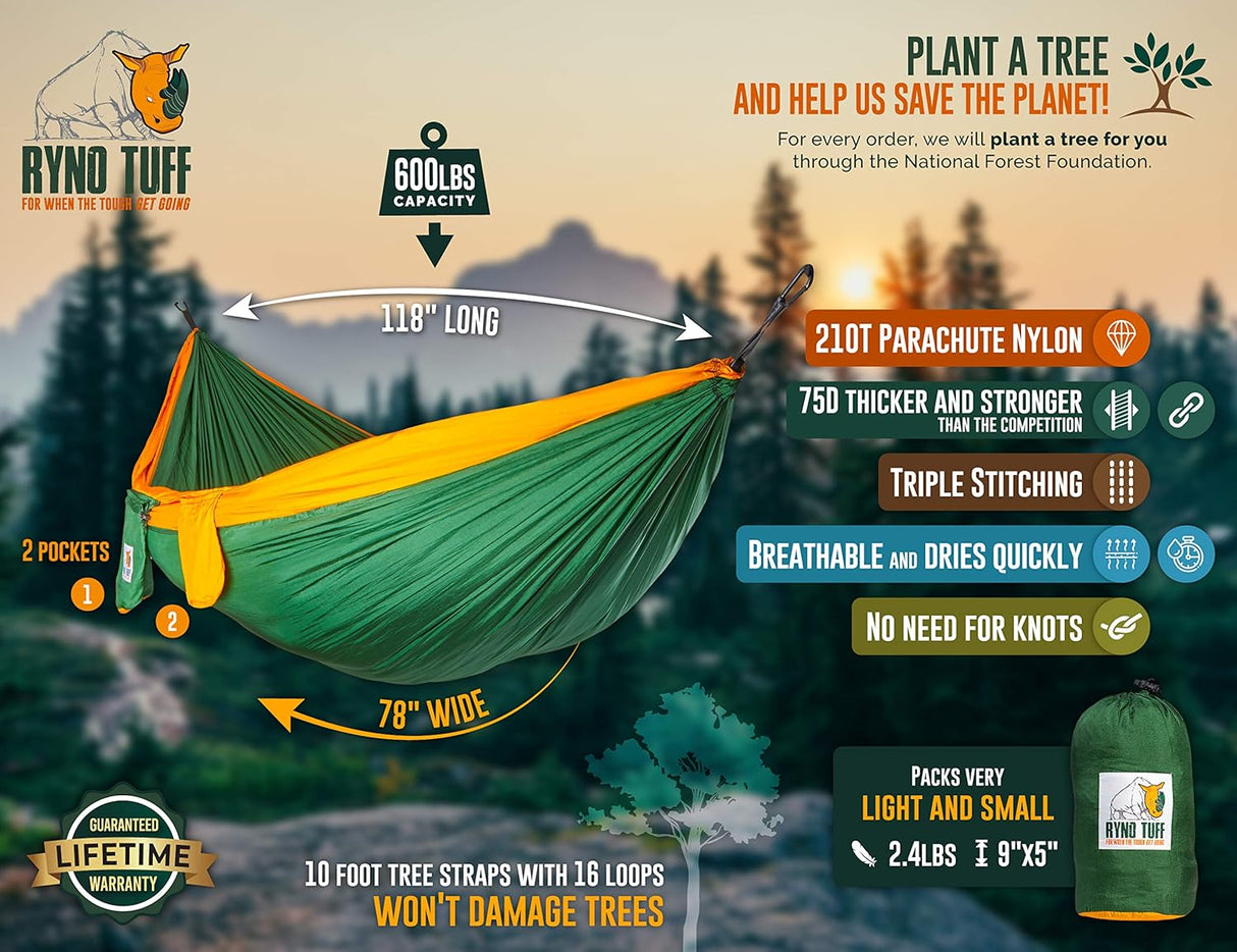 Hamaca Doble Compacta para Camping - Resistente 600lbs, X-Large