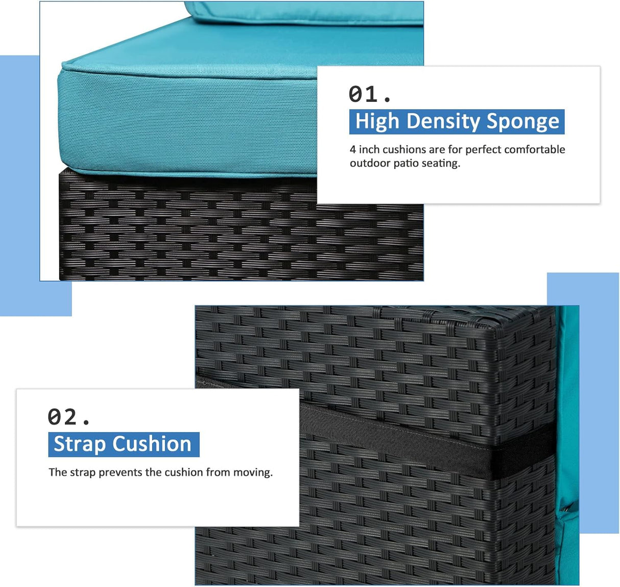 U-MAX Juego de muebles de patio de 7 piezas, juego de sofá de mimbre de ratán de polietileno negro para todo tipo de clima, juego de conversación de muebles seccionales con fundas de cojín azules y mesa auxiliar para porche, jardín, piscina