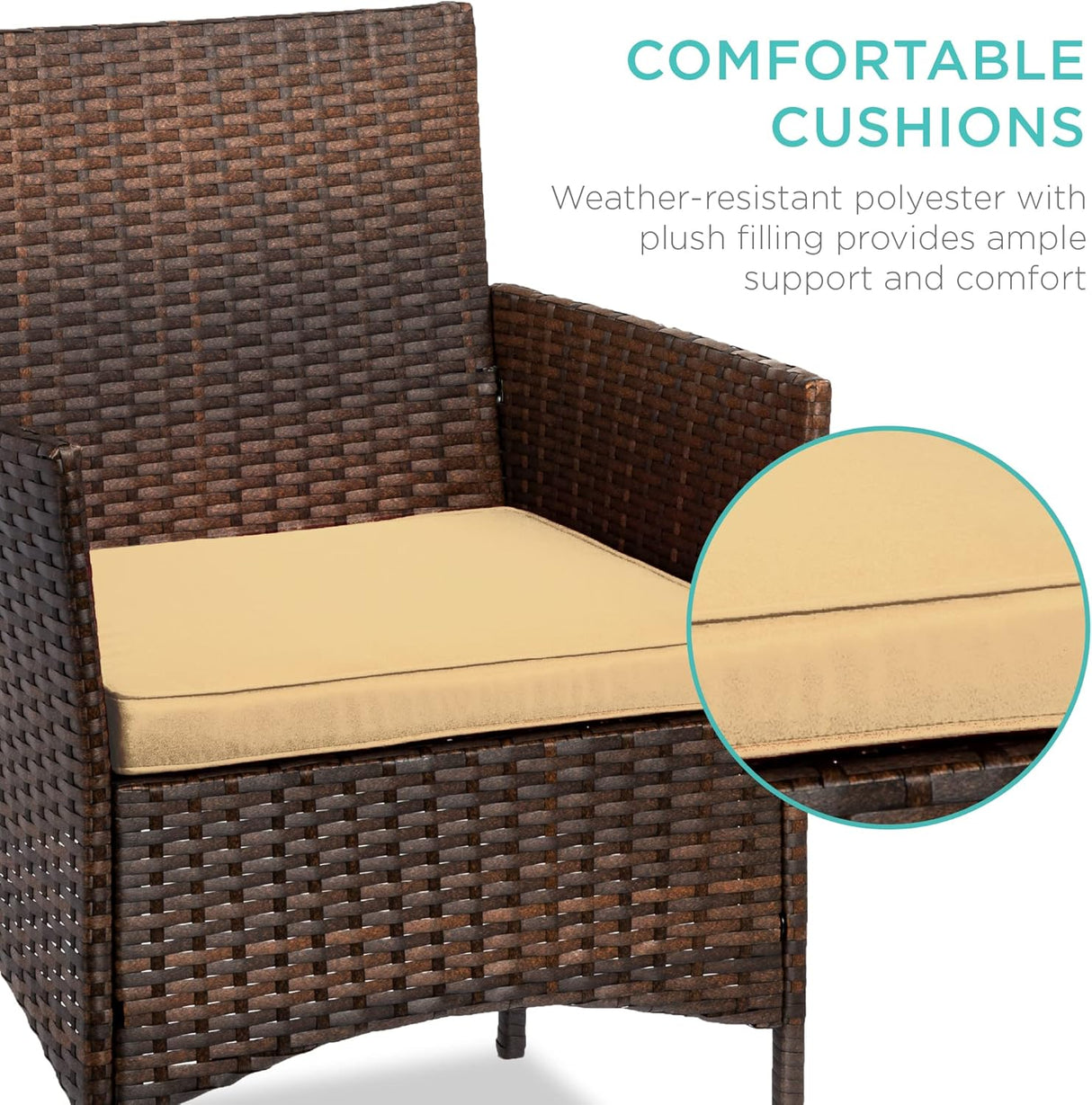 Best Choice Products Juego de 3 piezas de mimbre para exteriores, muebles de patio que ahorran espacio para patio, jardín con 2 sillas, 2 cojines, mesa de almacenamiento lateral, color marrón/bronceado