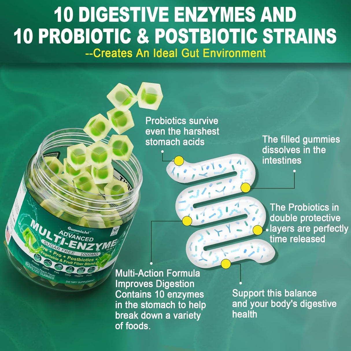 Suplemento Gomitas de enzimas digestivas sin azúcar, 1000 mg