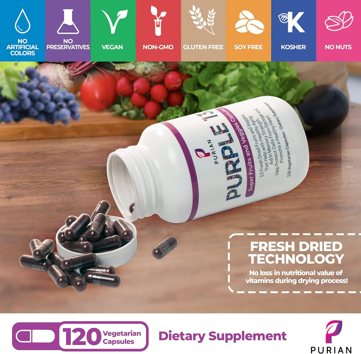Suplemento de Frutas y Verduras PURIAN, 120 Cápsulas Veg.