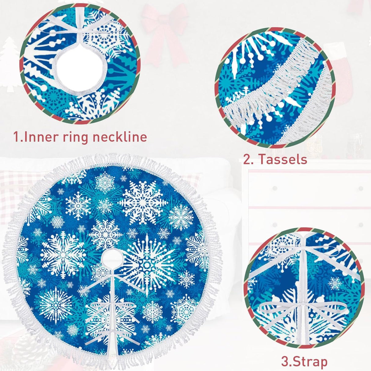 Funda para árbol de Navidad 30 con copos de nieve y flecos