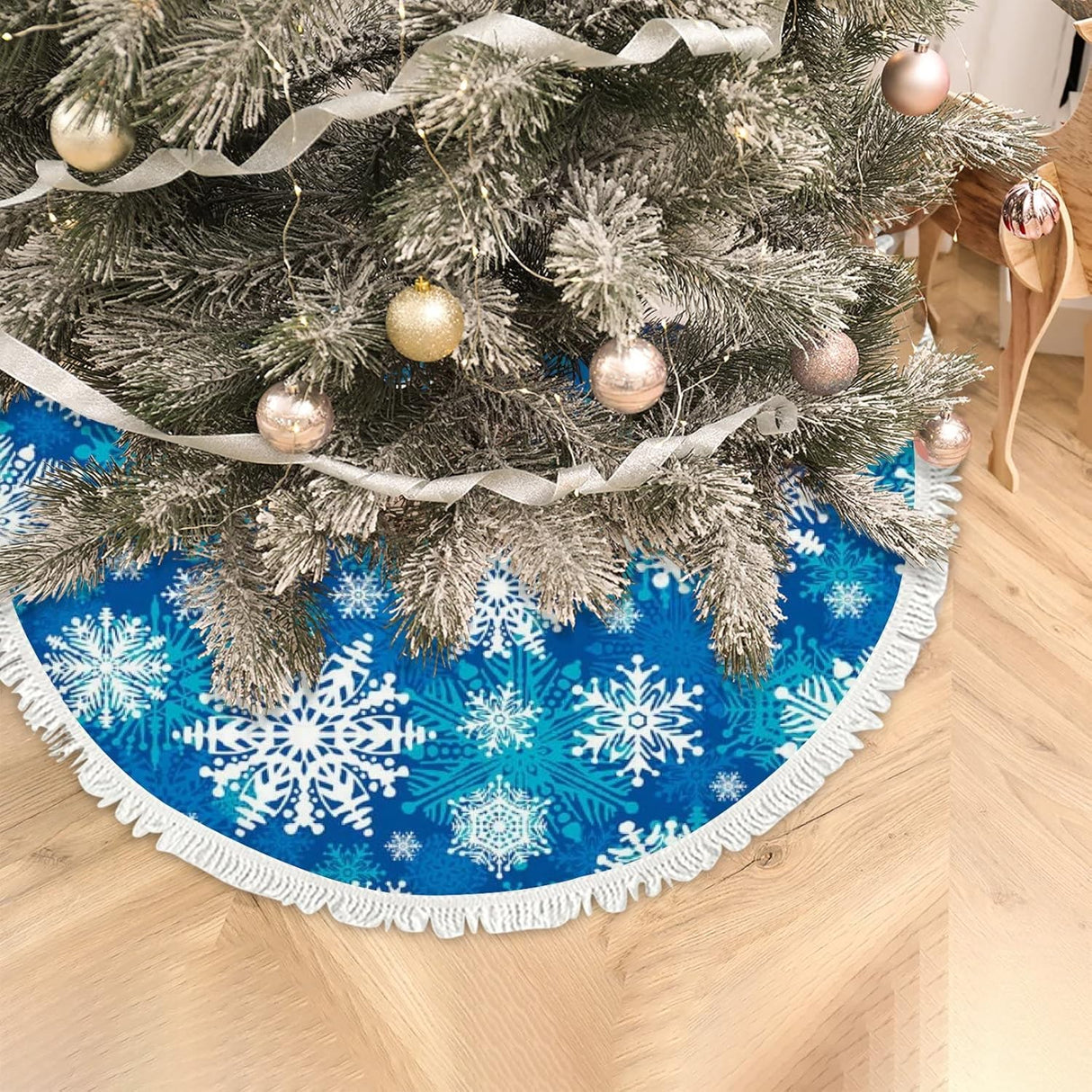 Funda para árbol de Navidad 30 con copos de nieve y flecos