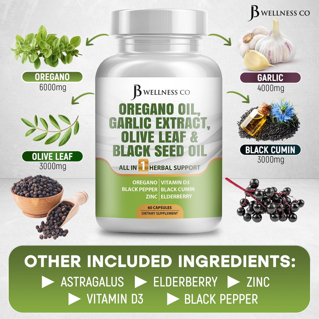 JB Wellness Aceite de Orégano, Ajo, Olivo y Astrágalo 120 cápsulas