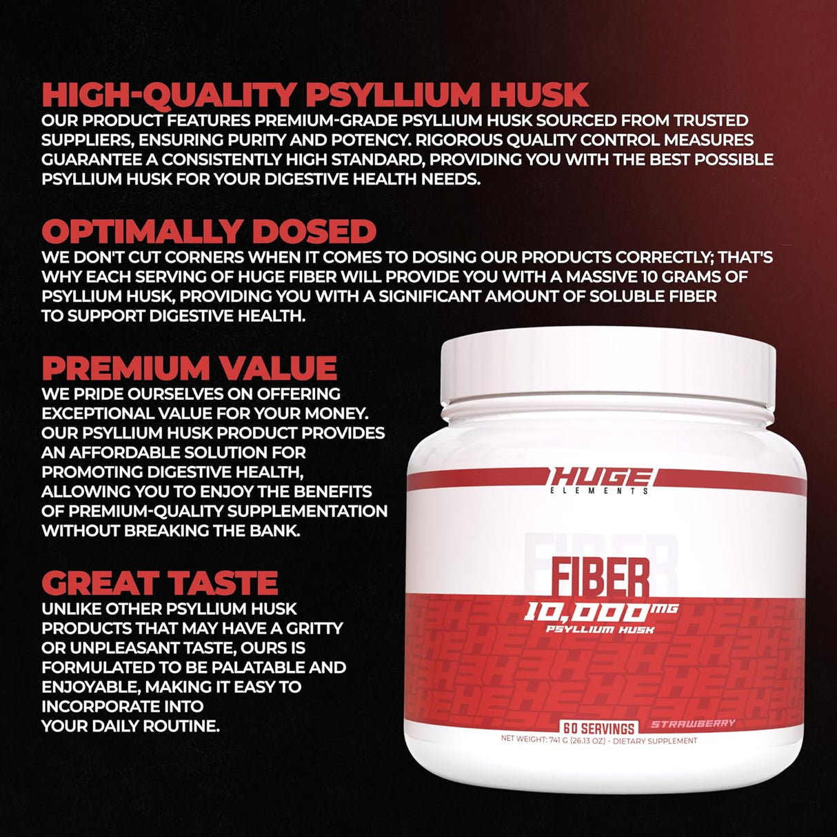 Suplemento de Fibra Huge, 10g Psyllium, Salud Digestiva, 60 Serv.