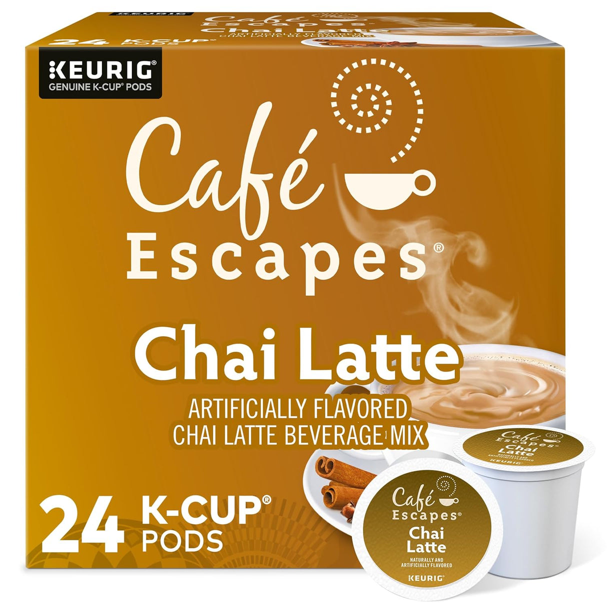 Café Escapes Chai Latte K-Cup Pods, 24 Unidades, Sabor Suave