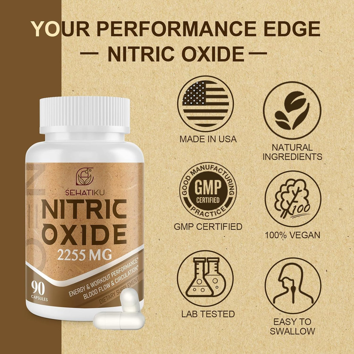 Suplemento de óxido nítrico de 2255 mg para corazón, 90 cáp