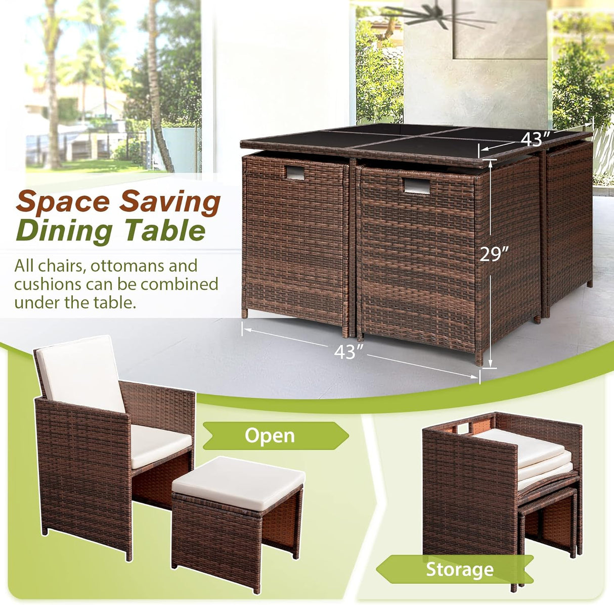 Devoko Juego de comedor para patio al aire libre, sillas de ratán con mesa de cristal para patio, conjunto de muebles acolchados de limpieza y respaldo con conversación seccional.