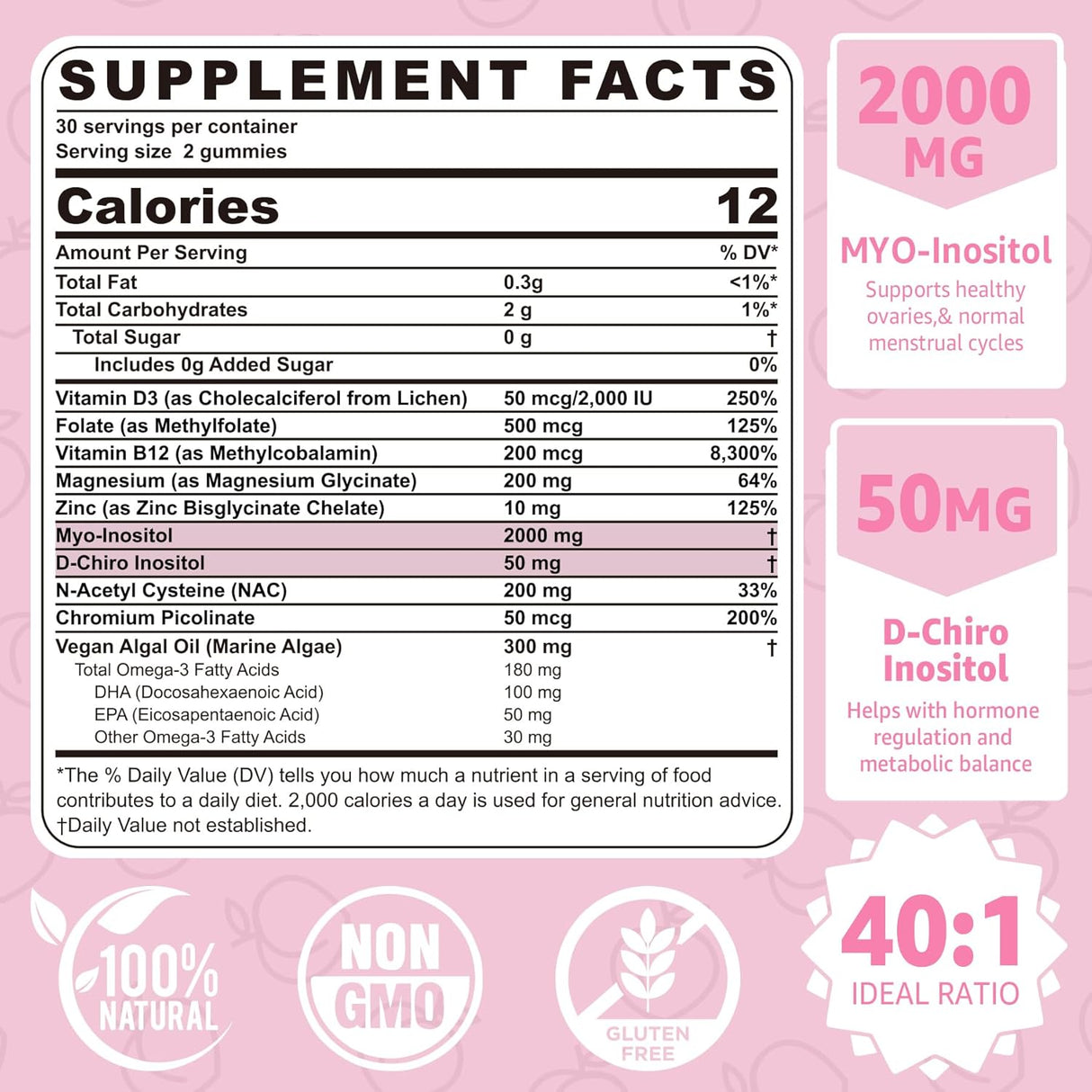 Gummies de Inositol y D-Chiro para Mujeres, 2000mg + 50mg