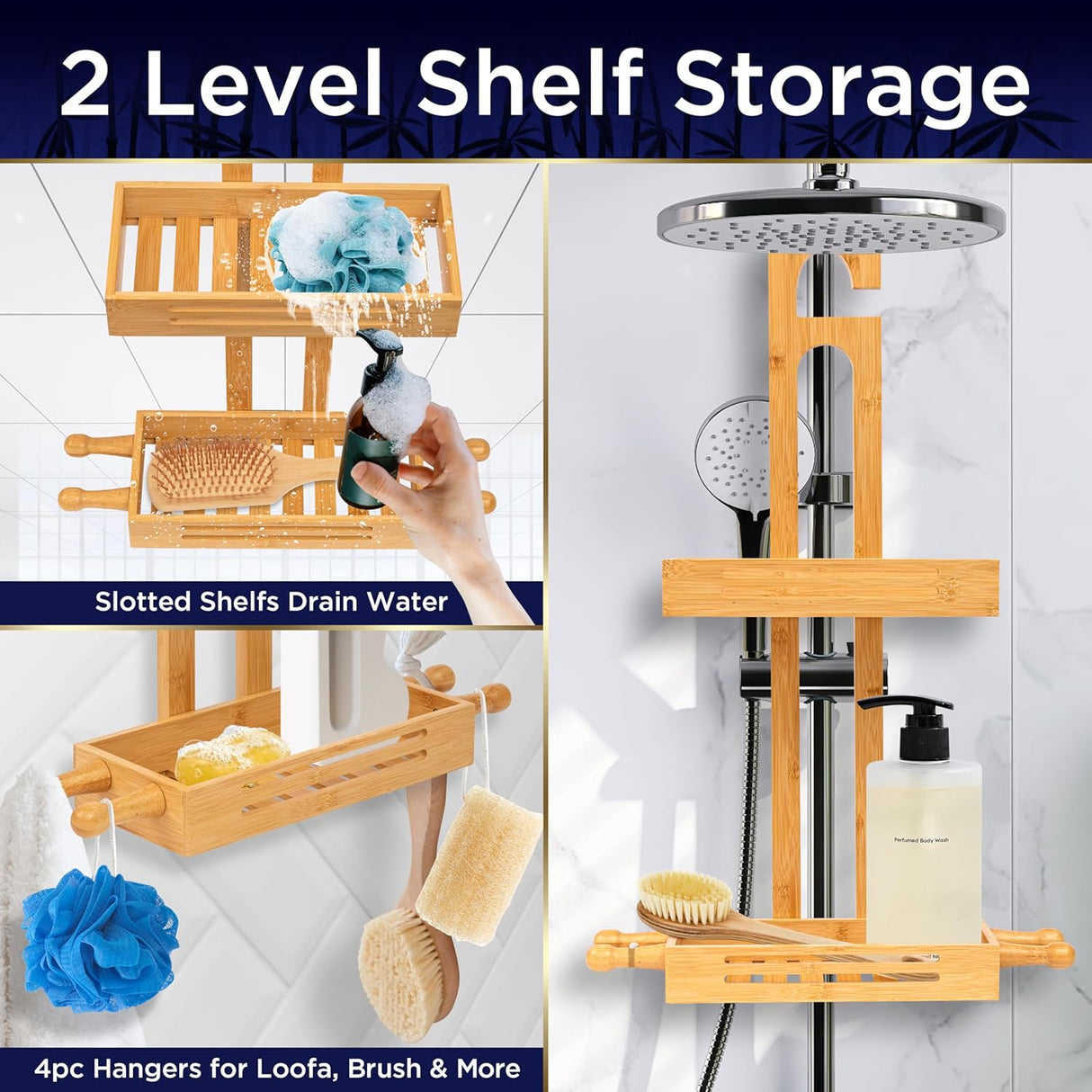 SereneLife Carrito de ducha colgante de bambú con 2 niveles