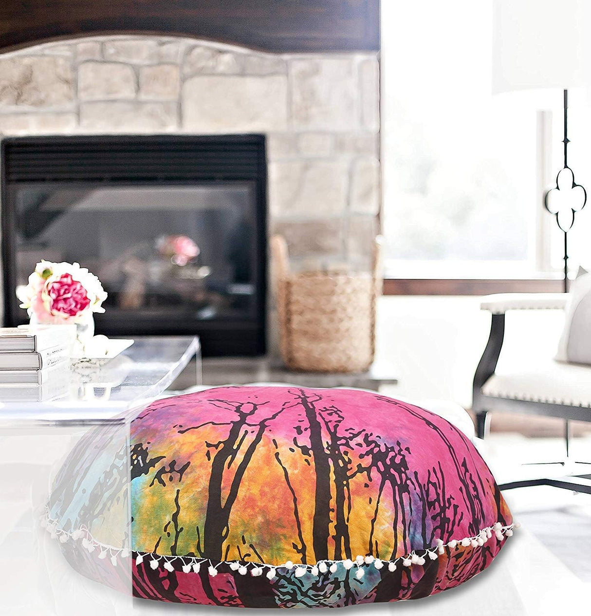 Funda bohemia para cojín, de 32 pulgadas, con diseño de mandala, para meditación, decorativa, otomana, grande, para exteriores, decoración del hogar, decoración de arte en el hogar, redonda, con pompones de algodón, cómoda