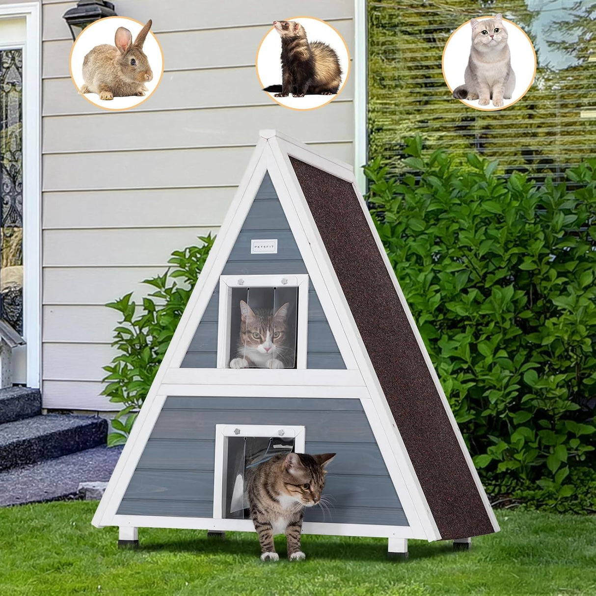 Casa para gatos al aire libre resistente con puerta de escape