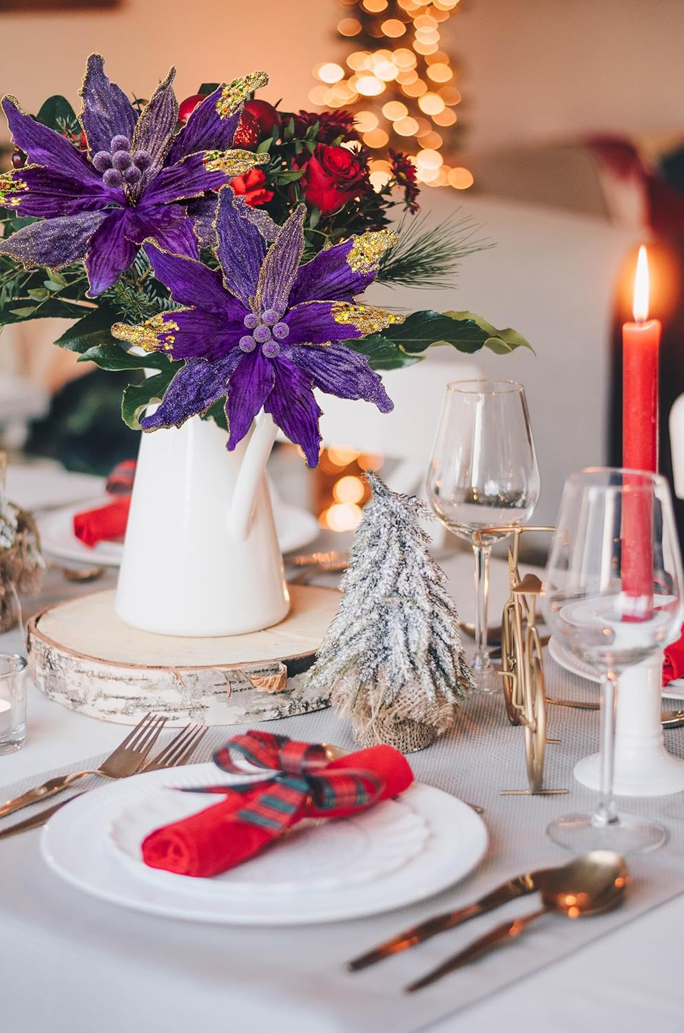 Flores Poinsettia Artificial Briful 12'' Set de 4 para Decorar