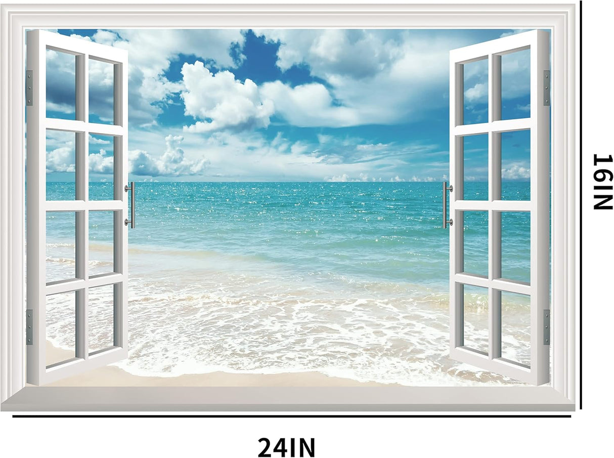 Adhesivo de pared falso para ventana, mural playa de verano para decoración de pared, calcomanías de pared para pegar y despegar, 16 x 24 pulgadas