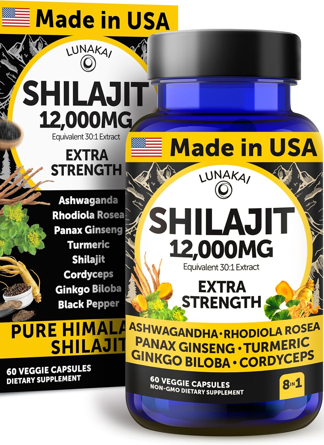 Cápsulas Shilajit Lunakai 12000mg con Ashwagandha y más