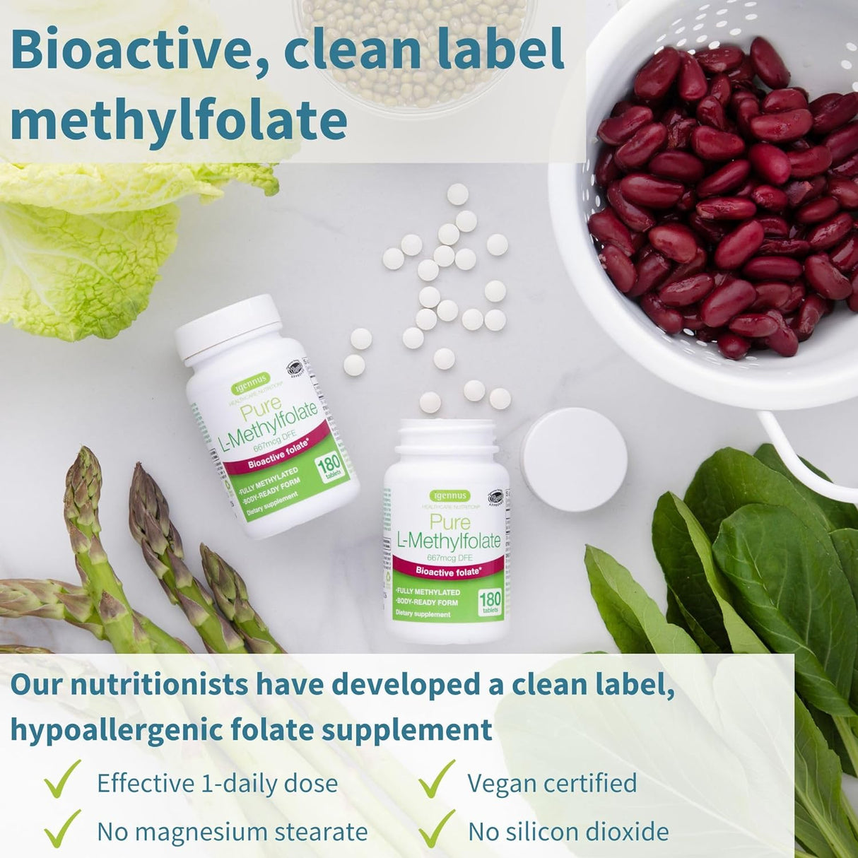 Suplemento Folato puro de 400 mcg, metilfolato optimizado