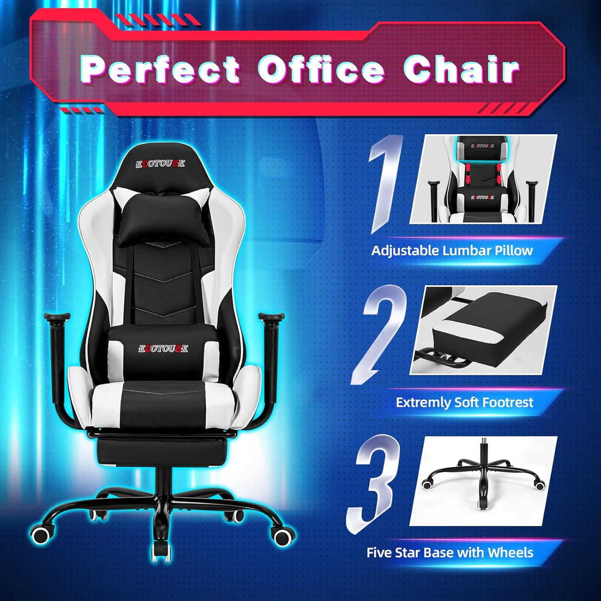 Silla Gamer de masaje de PC con reposapiés ECOTOUGE