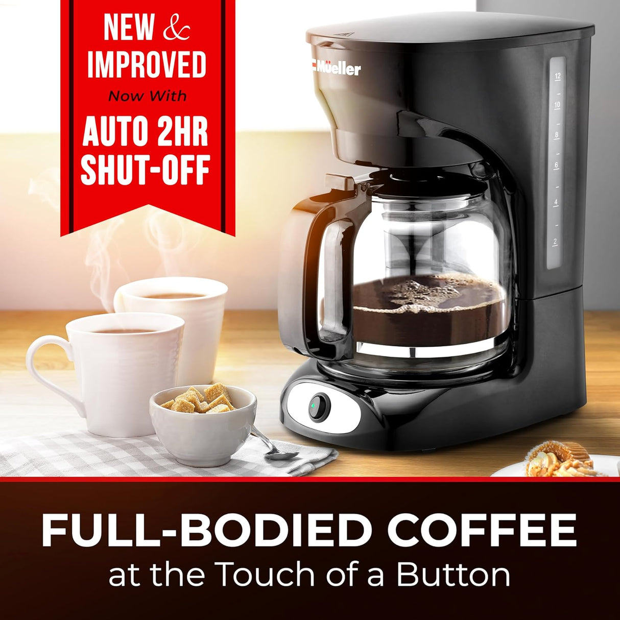 Cafetera Mueller 12 Tazas: Auto-Off, Filtro Reutilizable, Modelo: MCM-12