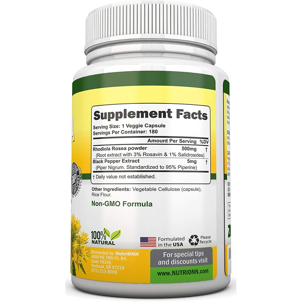 Suplemento Rhodiola Rosea - 500 mg - 180 cápsulas veganas