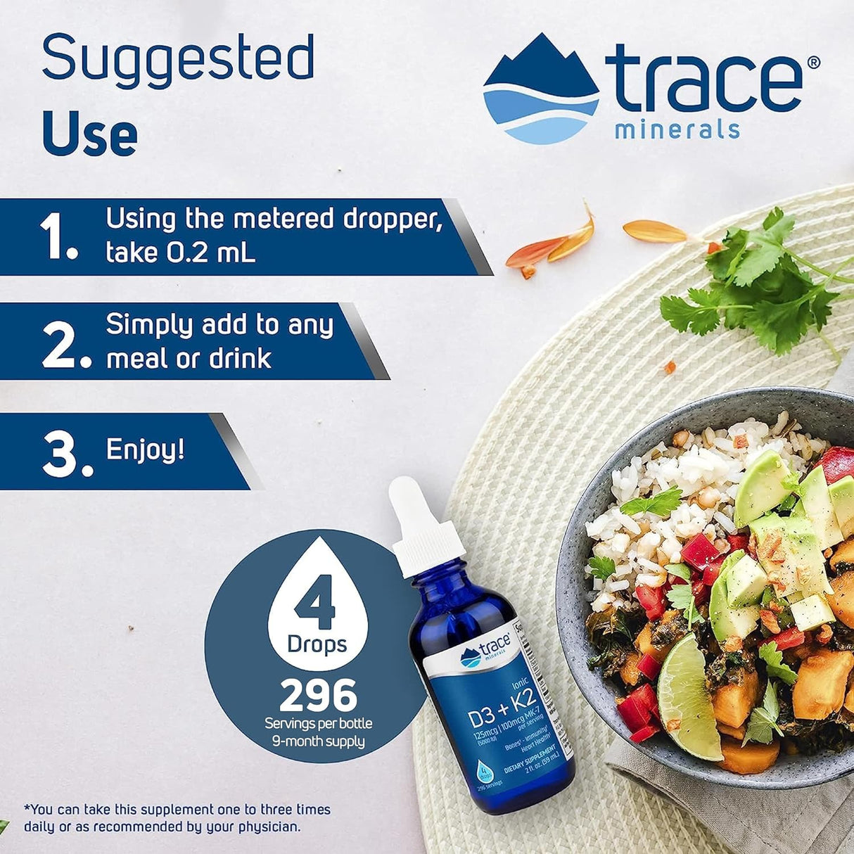 Suplemento Trace Minerals Vitamina iónica líquida D3 + K2