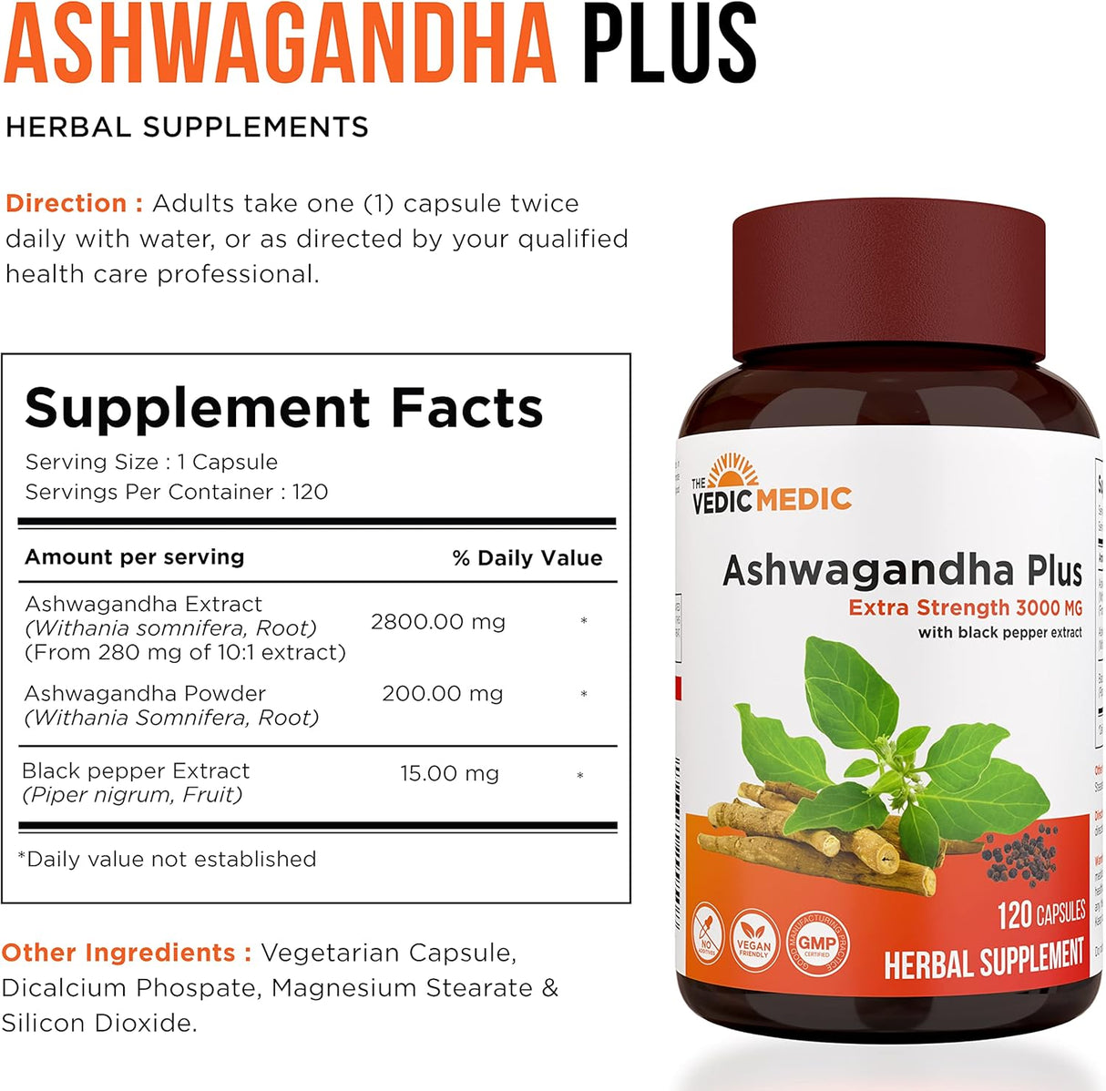 Cápsulas de Ashwagandha 3000mg, Extra Fuerte, 120 Veganas