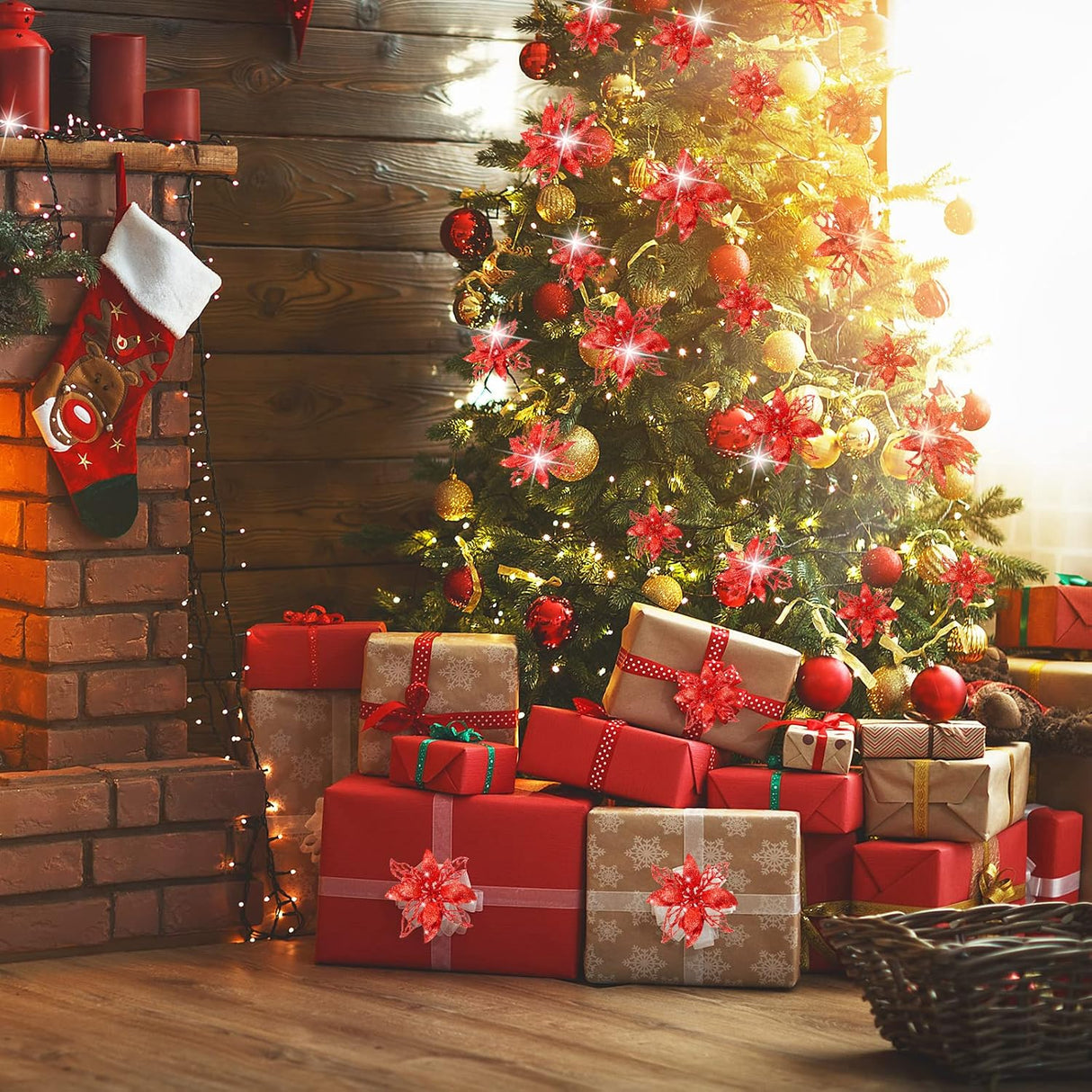 Flores Artificiales Poinsettia Boao 24 Piezas Decoración Navidad