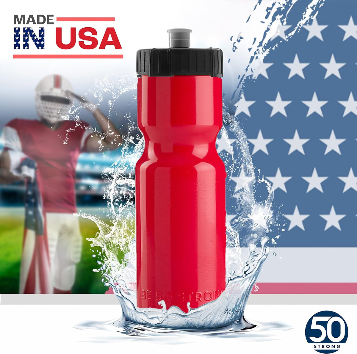 50 Strong - Paquete de 6 botellas de agua para deportes, 22 onzas Botella para bicicleta y deporte sin bisfenol A, con tapa fácil de abrir sin rosca, fabricada en Estados Unidos.