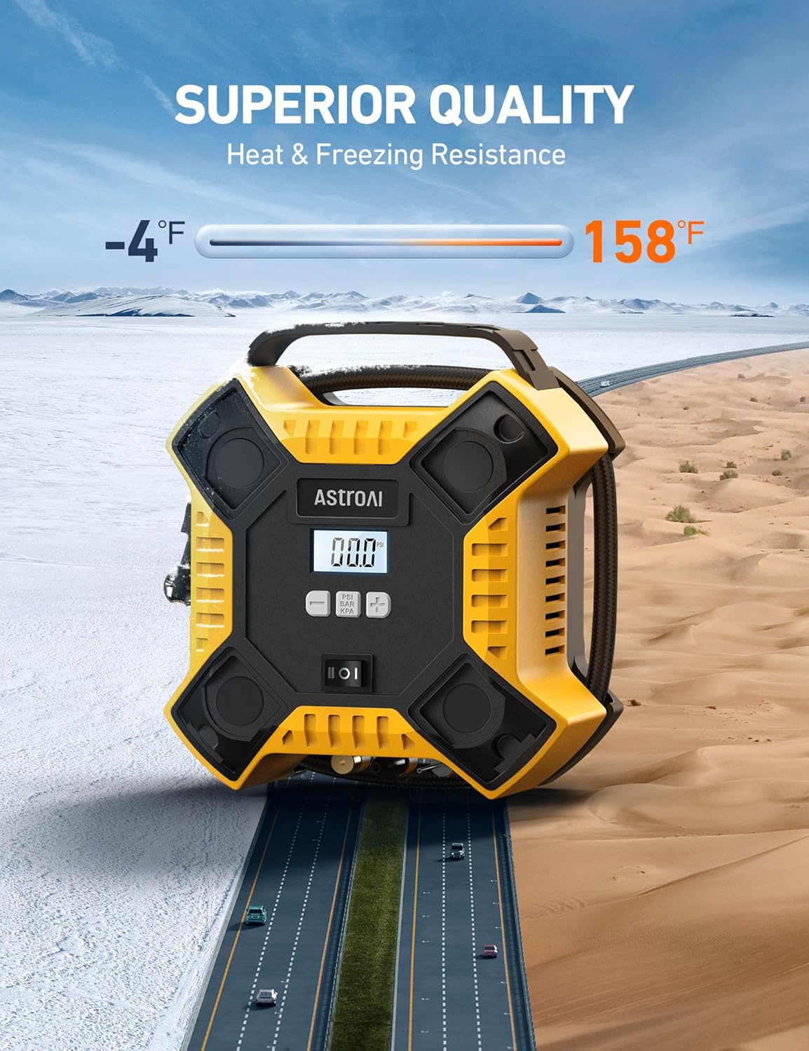 AstroAI Compresor de aire inflador de neumáticos bomba de aire portátil para neumáticos de coche, bomba de neumático de estructura metálica integrada de 12 V DC, 160 PSI con luz LED para coches, bicicletas, motocicletas y otros inflables (color amarillo)