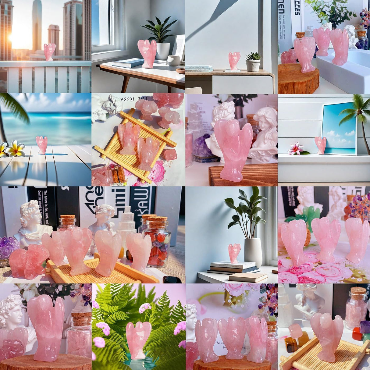 Cristales de ángel de cuarzo rosa, piedras curativas estatua