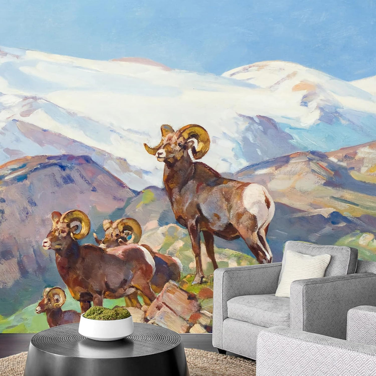 Adhesivo mural removible para pared, oveja carnero acuarela montaña, naturaleza, ilustraciones de área silvestre, bellas artes, granja/paisaje rural, rústico, para sala de estar,