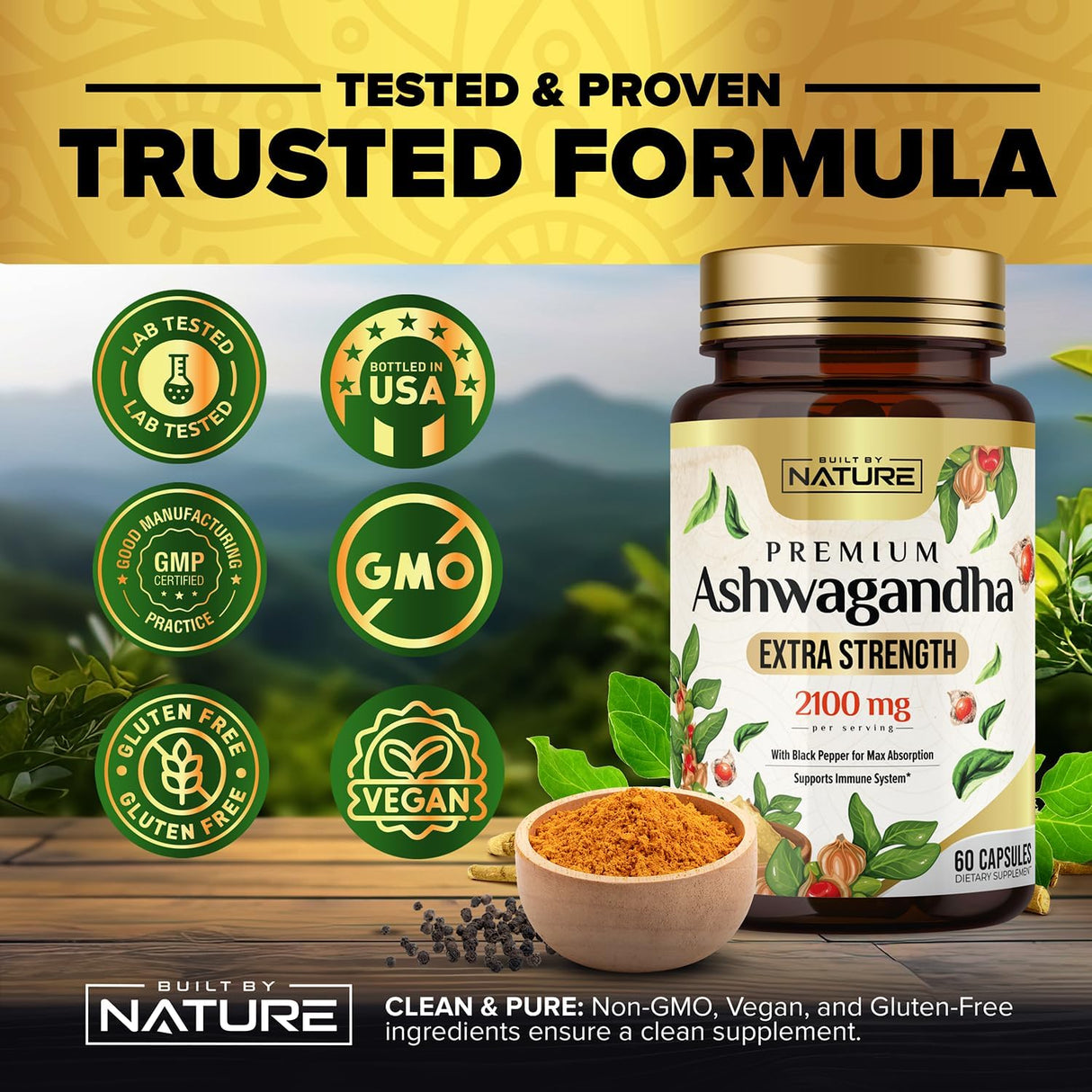 Suplemento de Ashwagandha 2100mg - Built by Nature - 60 cápsulas