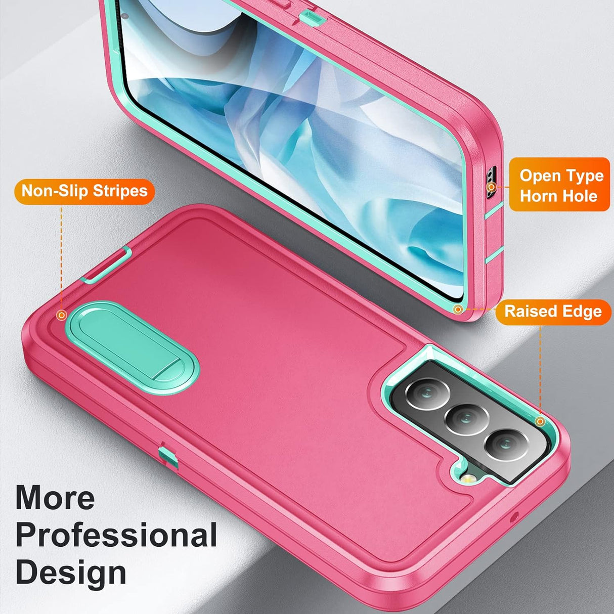 BaHaHoues Funda para Samsung Galaxy S22, Samsung S22 con soporte integrado, a prueba de golpes, polvo y caídas, de grado militar, funda protectora para Galaxy S22 5G de 6.1 pulgadas (rosa/azul aguamarina)