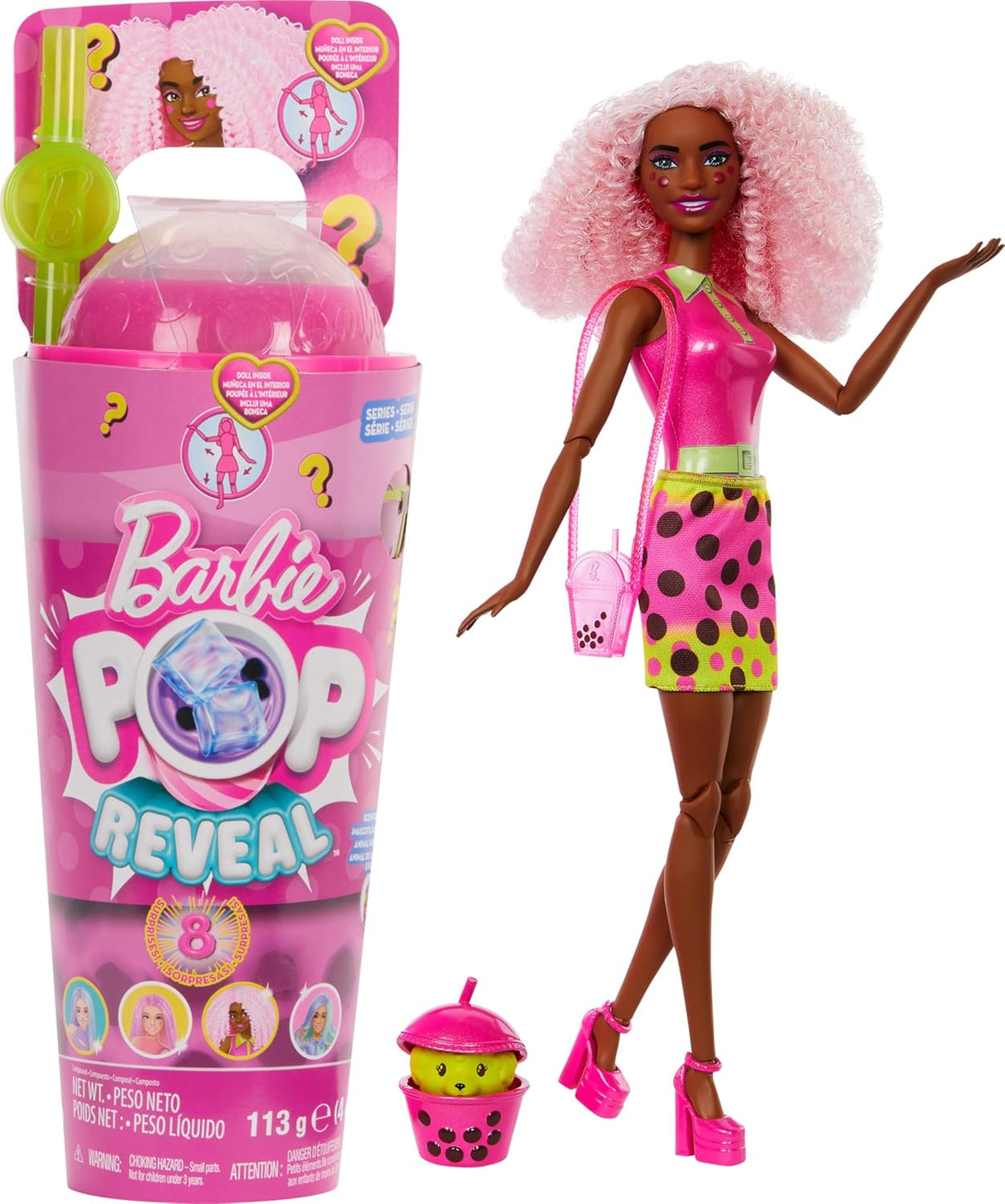 Muñeca Barbie Pop Reveal, serie Bubble Tea, 8 sorpresas, mascotas