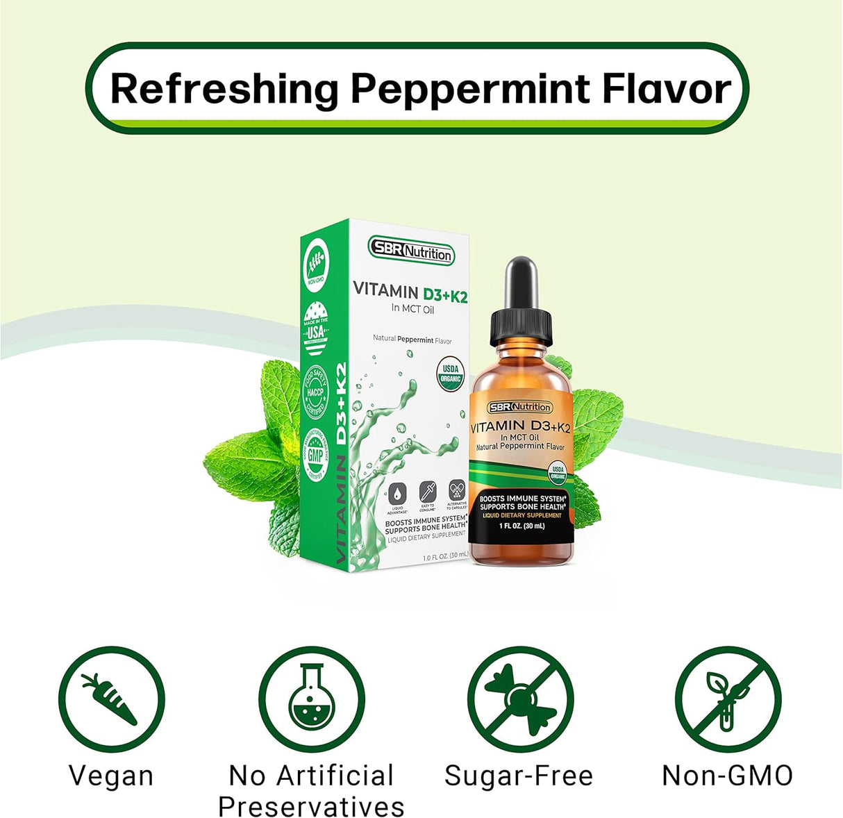 Suplemento de Vitamina D3 + K2 Líquido, MCT, Menta, Soporte Óseo