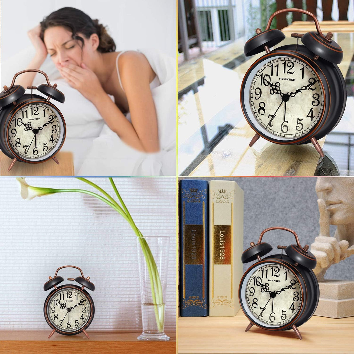 Reloj despertador retro a pilas con campanas dobles, modelo 4