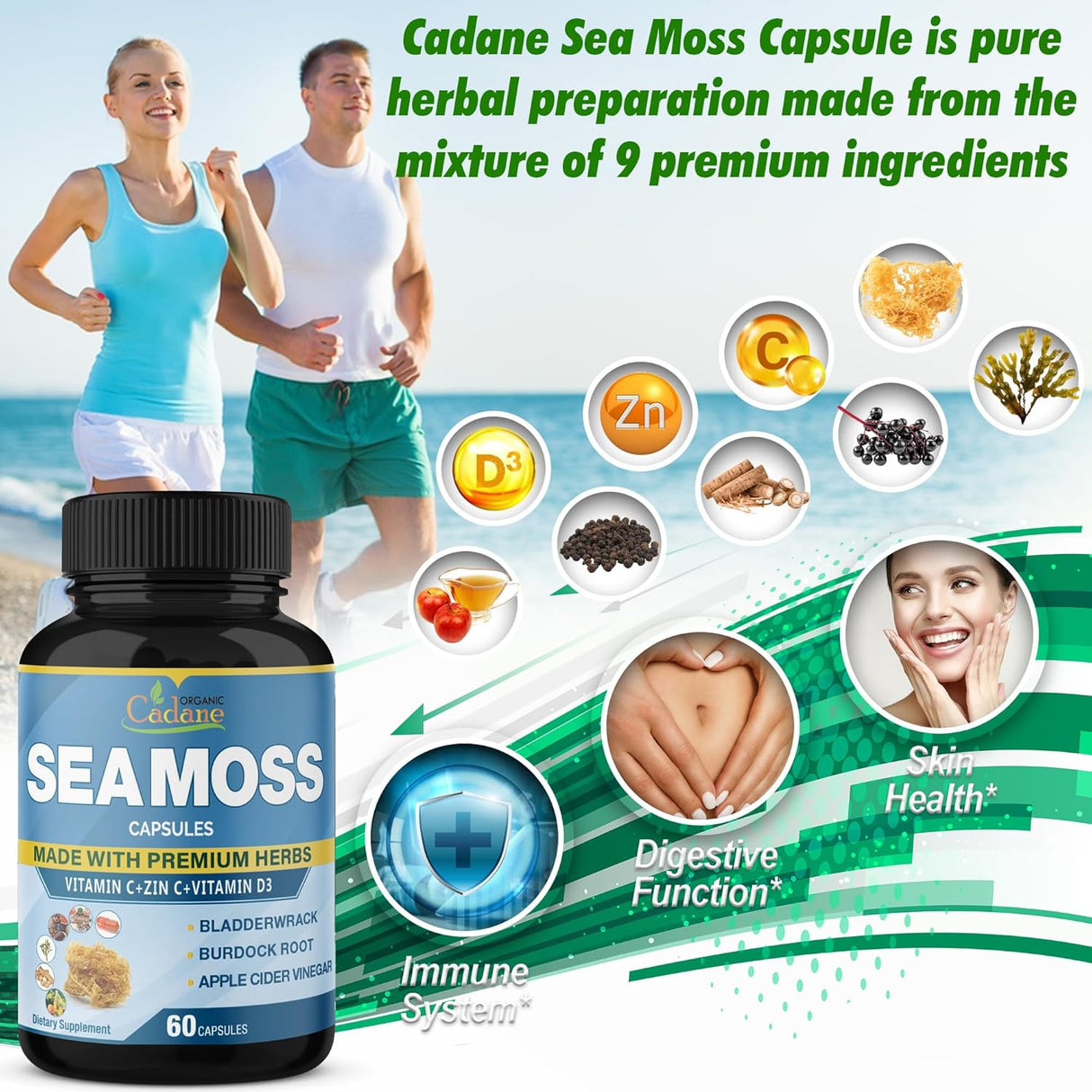 Cadane Cápsulas de Musgo de Irlanda con Vitaminas y Hierbas, 2Pack