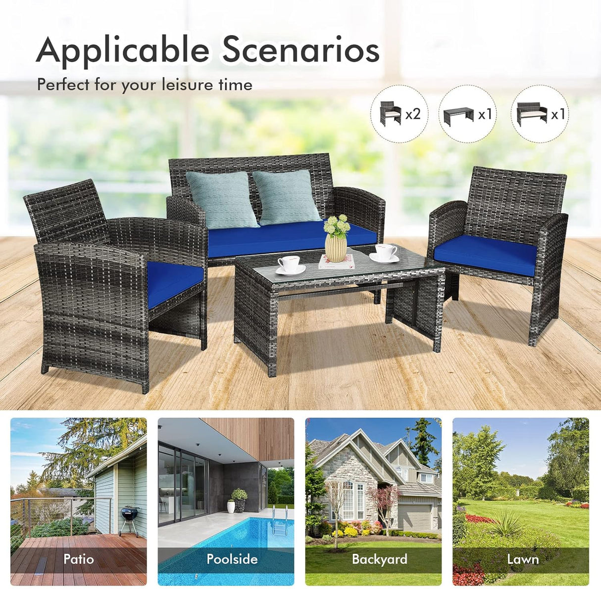 Goplus Juego de muebles de ratán de 4 piezas, sofá de conversación de mimbre para exteriores con cojines resistentes a la intemperie y mesa de vidrio templado para césped, patio, piscina, jardín (azul)