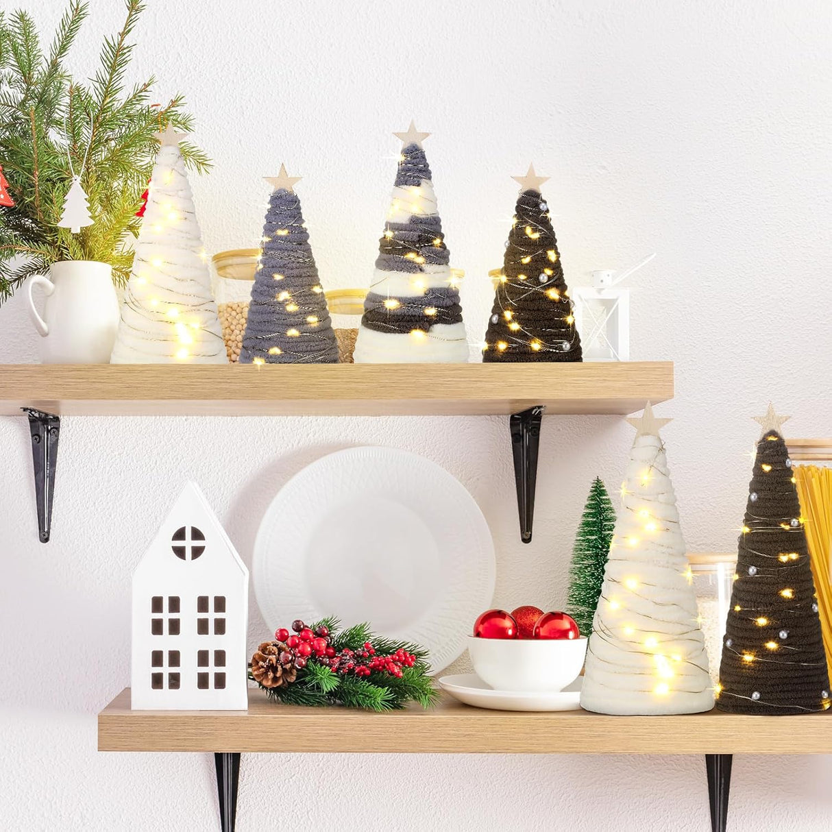 Árboles de lana navideños, decoración rústica, 6 piezas, LED