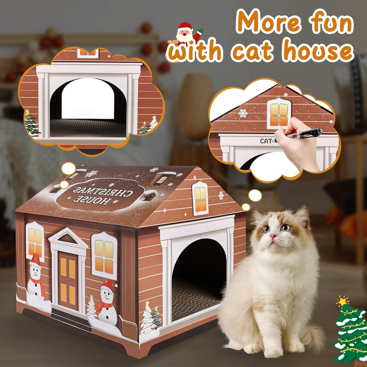 Casa de Cartón para Gatos, incluye Rascador y Catnip, 14x14x13