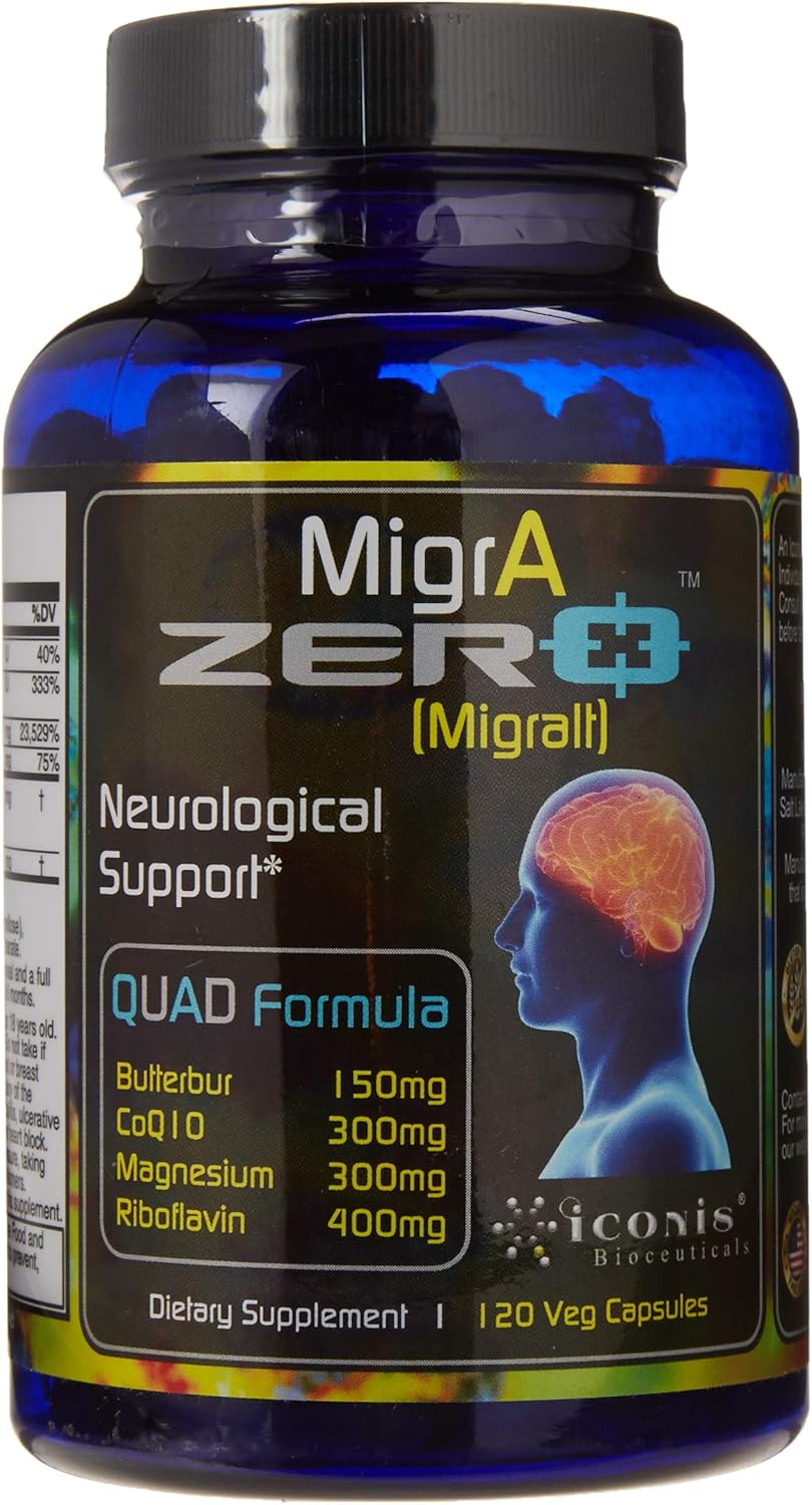 Migraine Relief, MigrA Zero, 4 Ingredientes, 120 Cápsulas