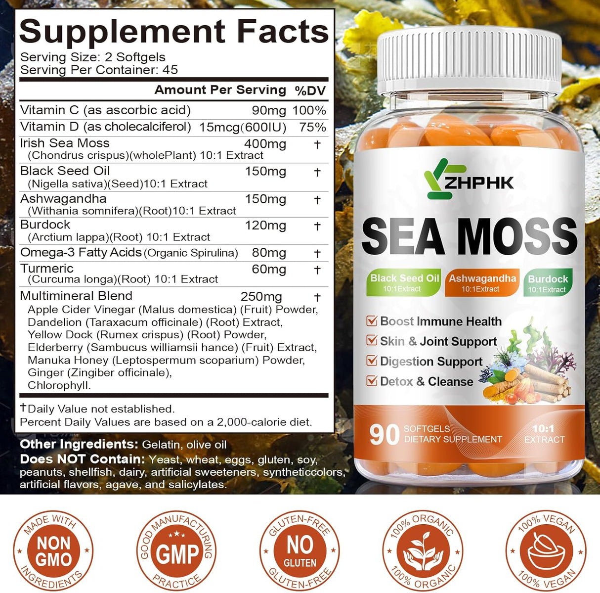 Sea Moss Softgels con Black Seed Oil y Hierbas, 90 cápsulas