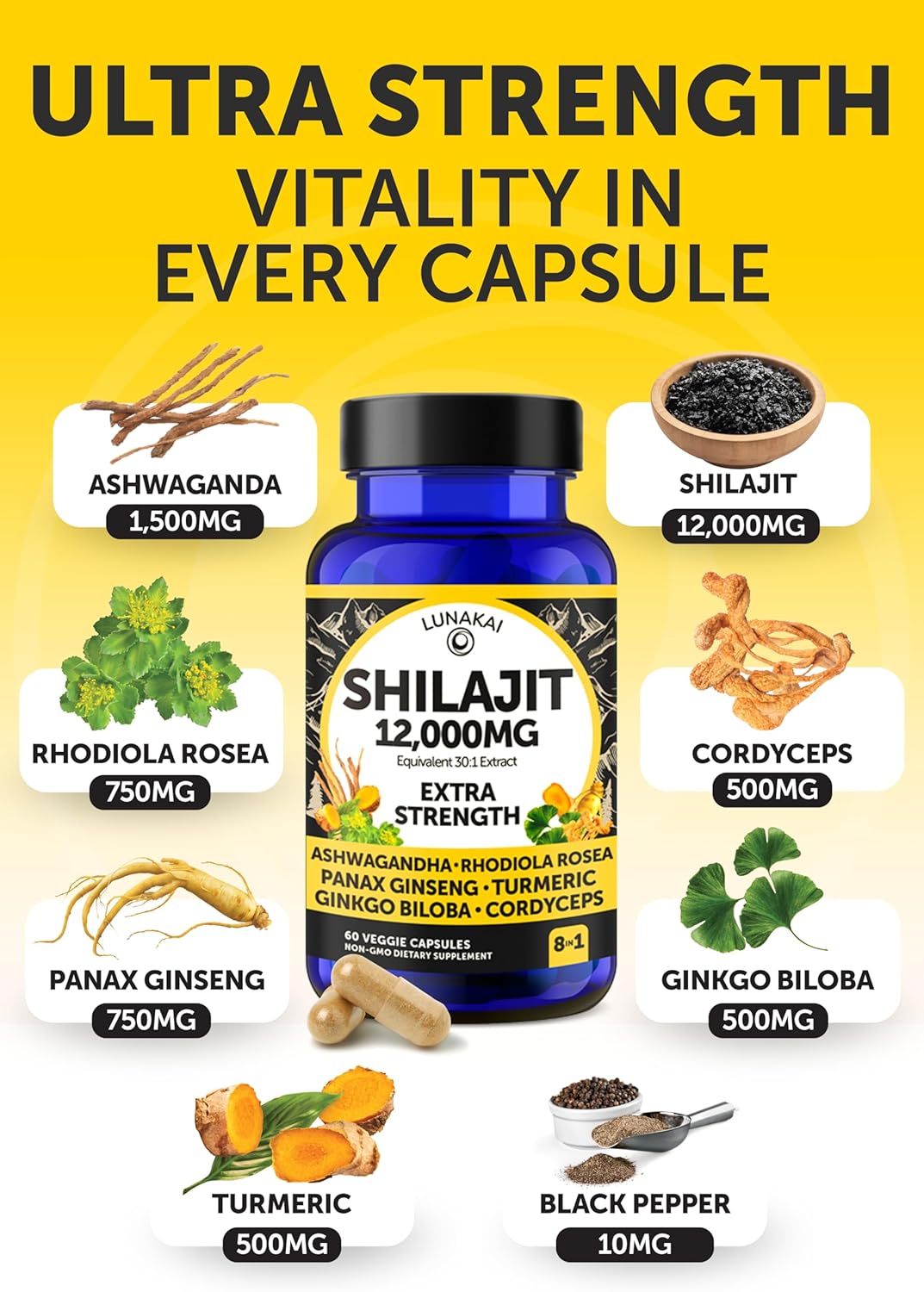 Cápsulas Shilajit Lunakai 12000mg con Ashwagandha y más