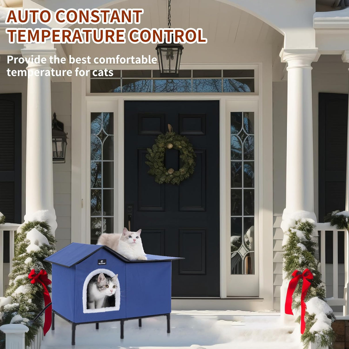 Casa de gatos elevada y calefaccionada, refugio exterior, fácil de armar