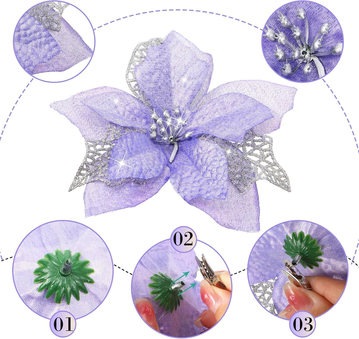 Flores Artificiales Poinsettia Glitter, WILLBOND, 36 Piezas