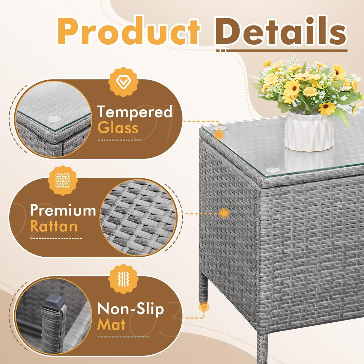 Flamaker Juego de muebles de patio de 3 piezas de ratán para todo tipo de clima, sillas de patio con mesa de vidrio templado para porche, bistró y balcón (gris/crema)