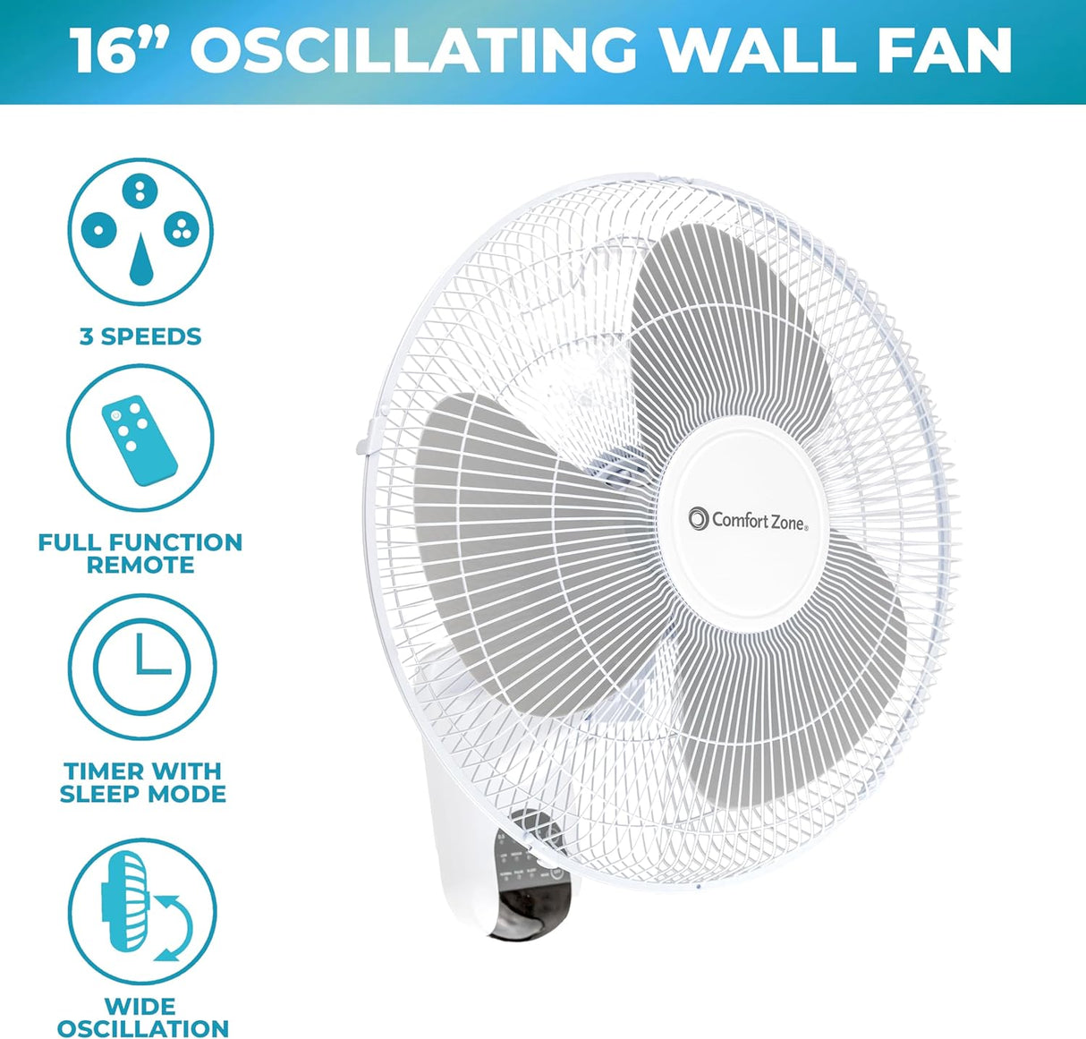 Ventilador de Pared Oscilante Comfort Zone, 16, CZ16WR